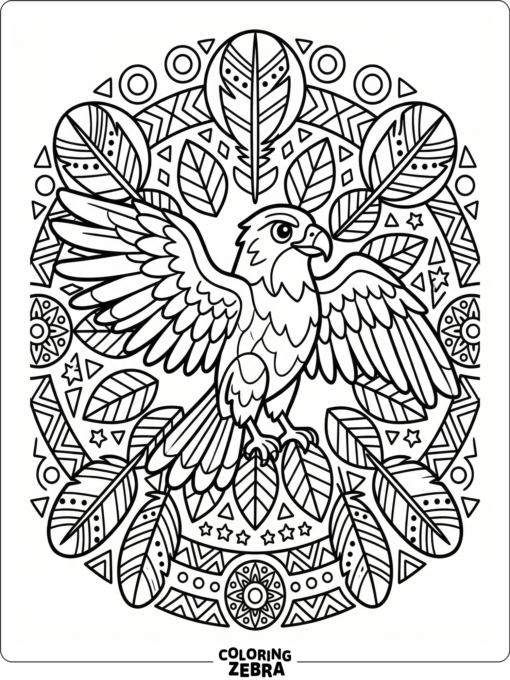 A hawk framed by feathers and geometric shapes