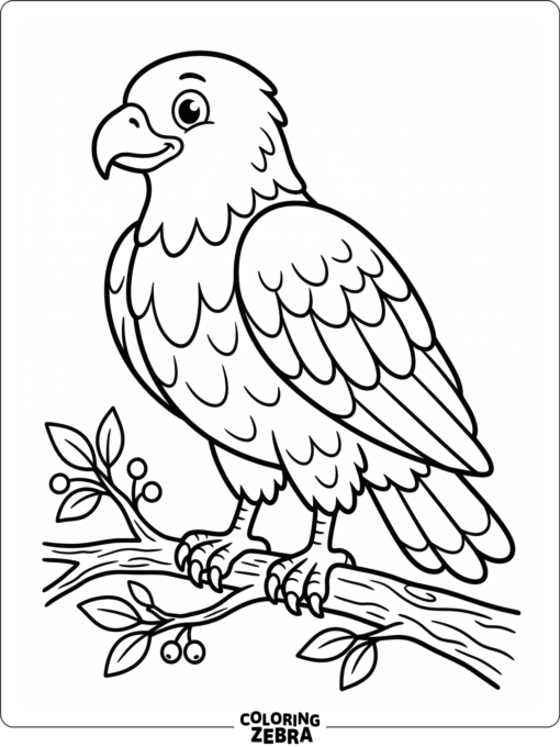A cartoon hawk standing on a branch