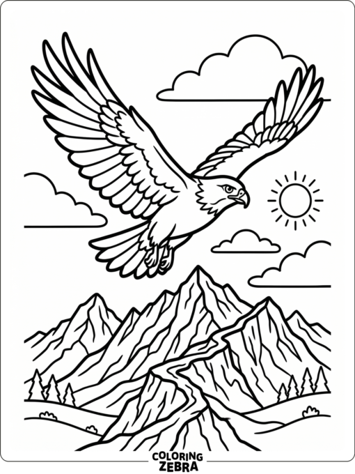 A hawk with wings spread wide above mountains