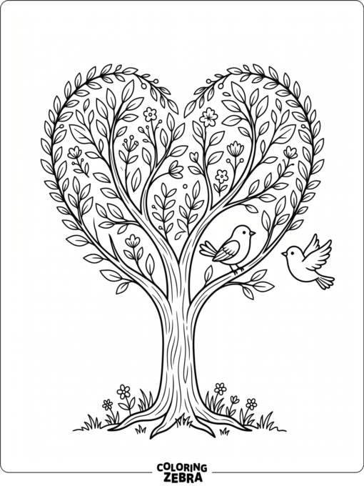 A heart-shaped tree with two birds and a simple trunk