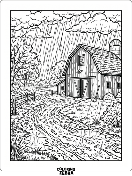 Heavy rain pours beside a barn and muddy path