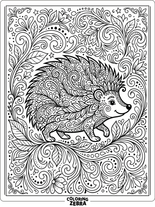 A hedgehog surrounded by decorative swirls
