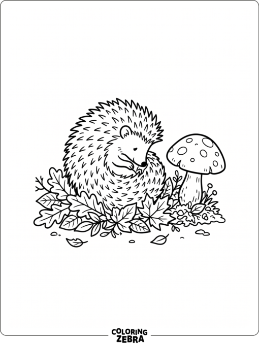 A tiny hedgehog rests near mushrooms and fallen leaves