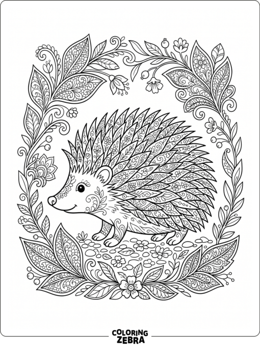 A detailed hedgehog with decorative leaves