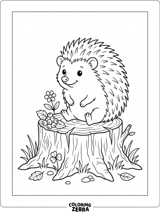 A hedgehog sitting on a stump with berries