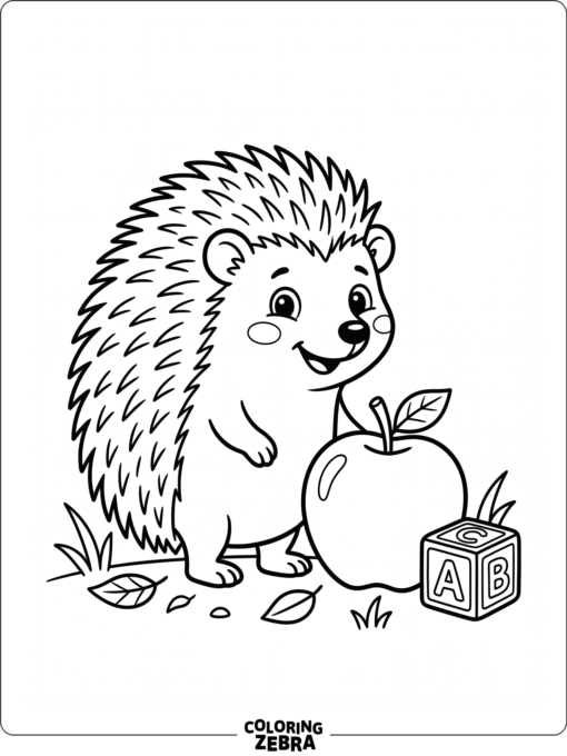 A preschool hedgehog beside an apple and block