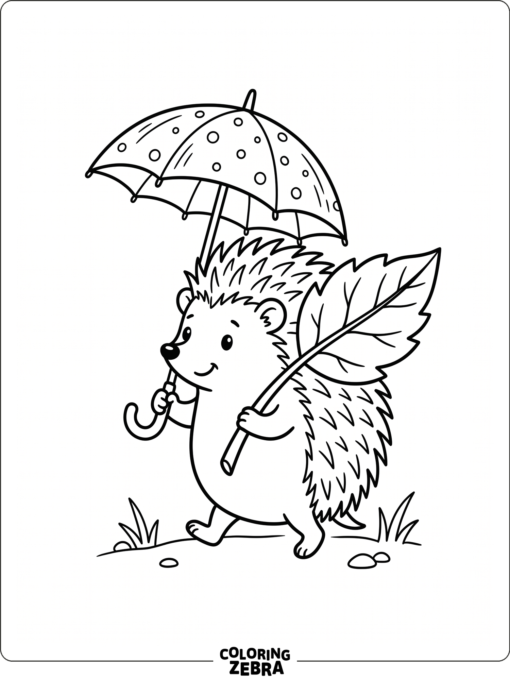A cute hedgehog holding a leaf umbrella