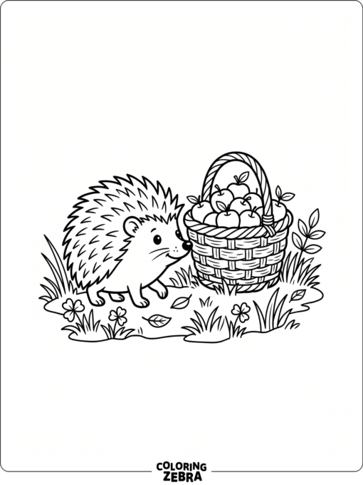 A hedgehog beside a basket of apples