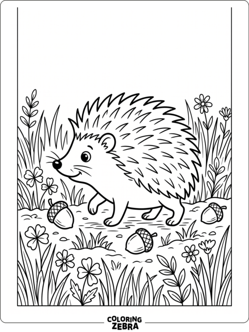 A hedgehog walking through grass with acorns