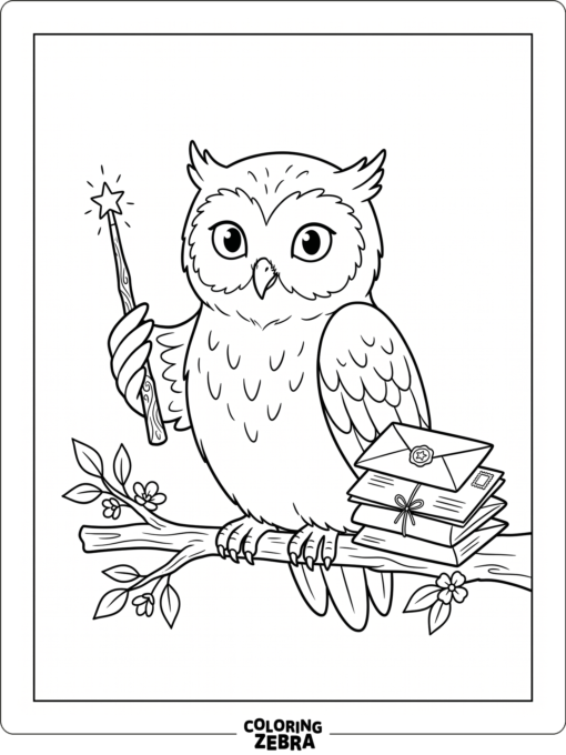 A white owl beside letters and a wand