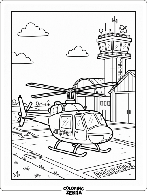 A helicopter parked at an airport