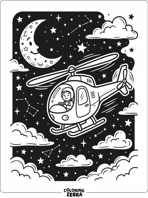 A helicopter flying under a night sky