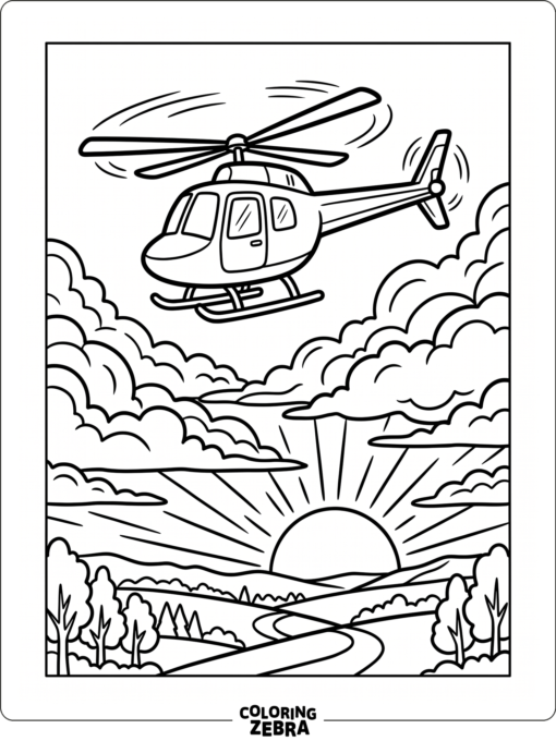A helicopter flying at sunset