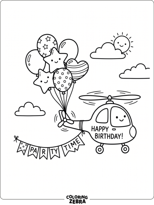 A helicopter with birthday balloons