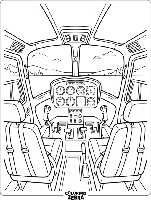 Helicopter cockpit with seats, gauges, and levers