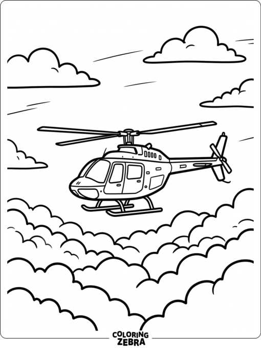 A helicopter flying high above soft clouds