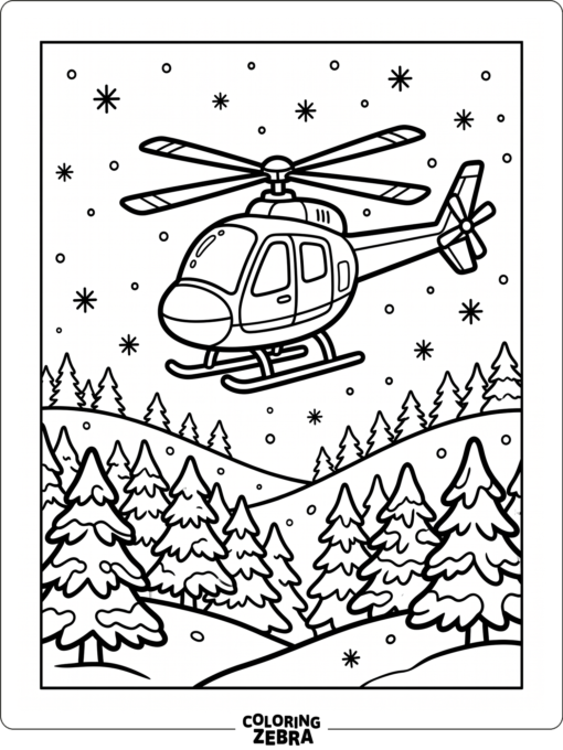A helicopter flying through falling snow