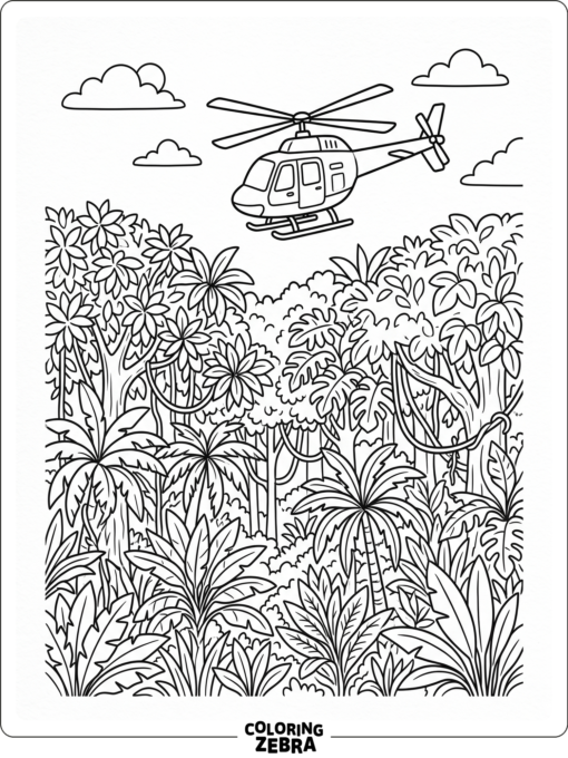 A helicopter flying over jungle treetops