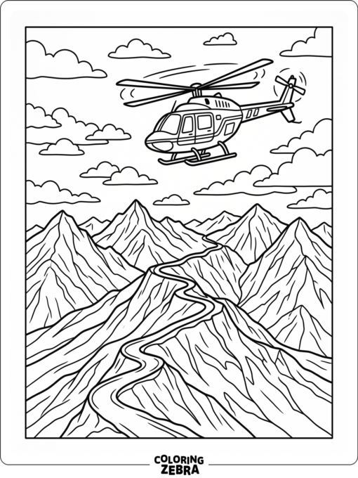 A helicopter flying over mountain peaks