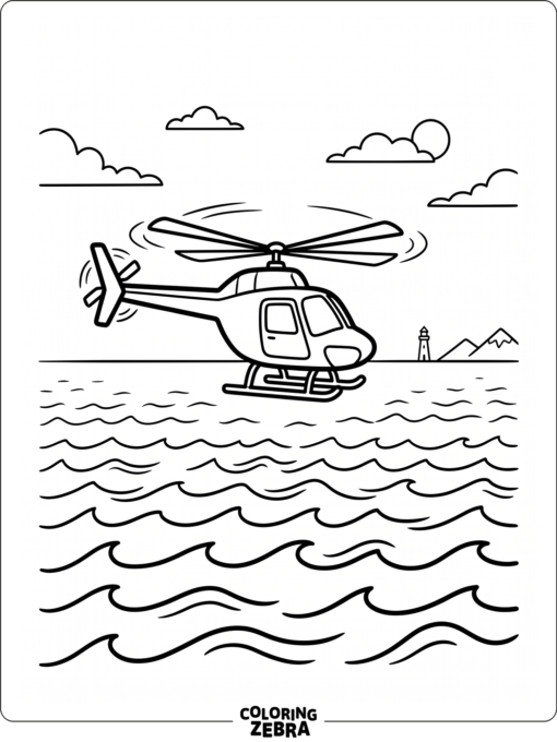 A helicopter flying above the ocean
