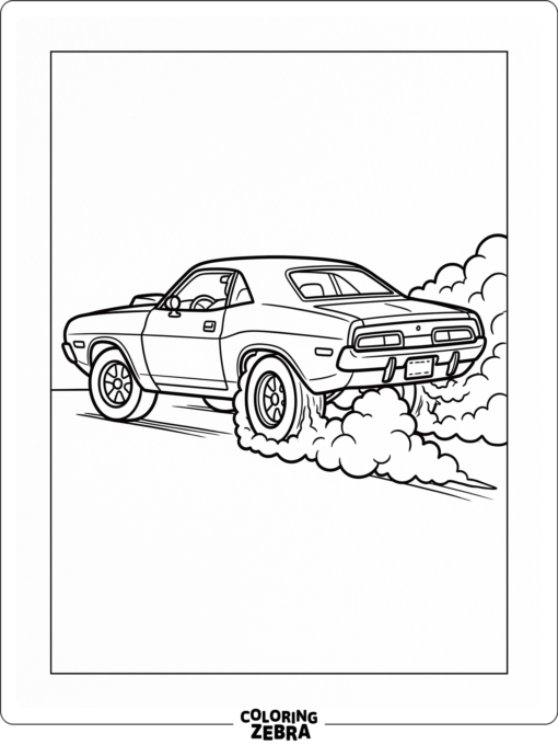 A muscle car spinning its tires with smoke behind it