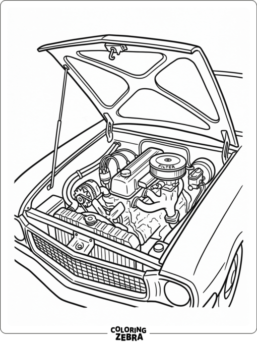 An engine with exposed parts under an open hood
