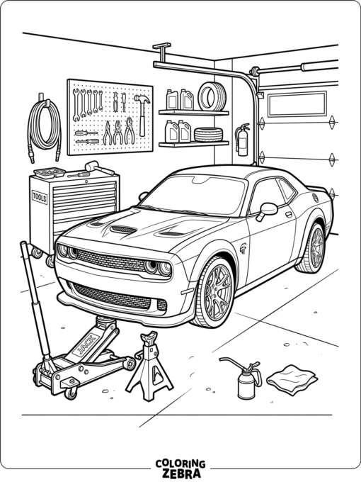 Hellcat parked in a garage with tools nearby