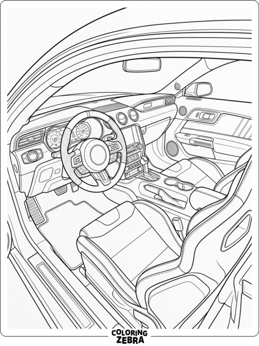 A sporty car cabin with bucket seats and a steering wheel