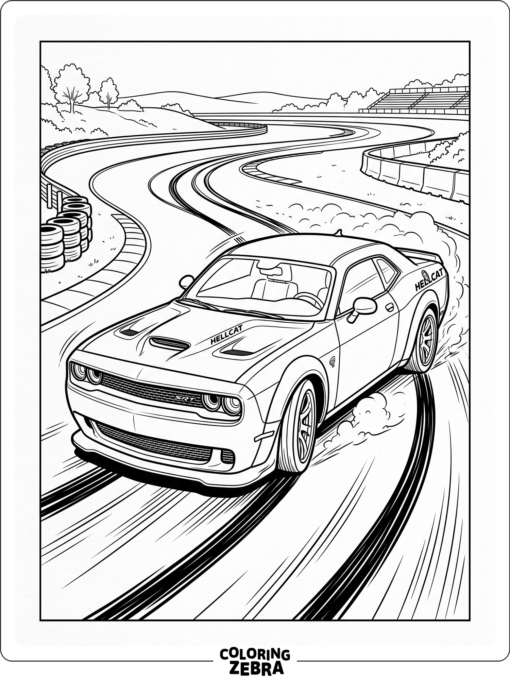 Hellcat car speeding on a race track