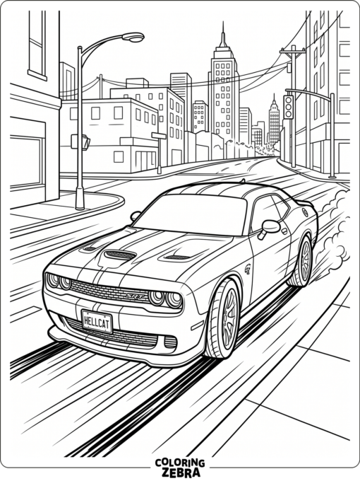 Hellcat racing on a city street with motion lines