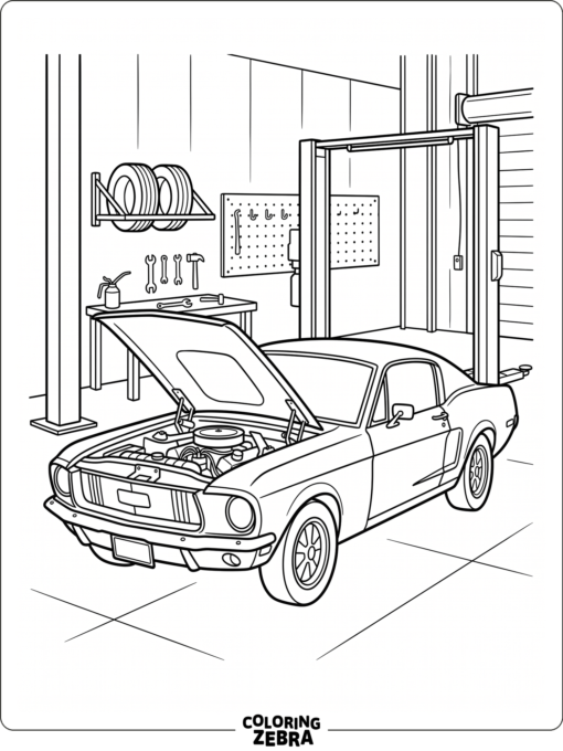 A muscle car with its hood open in a garage