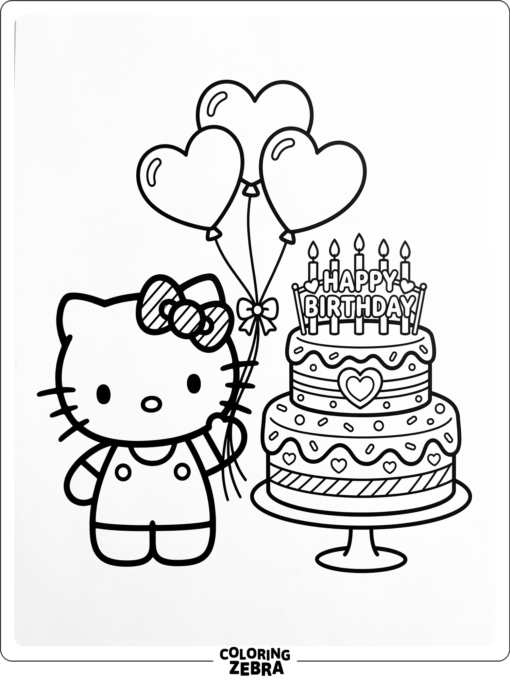Hello Kitty with a bow, cake, and heart balloons