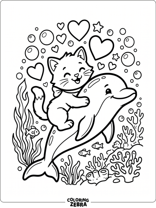 A cute kitten character hugging a dolphin with hearts