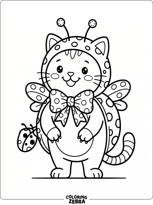 A cute cat in a ladybug outfit with a bow and spots