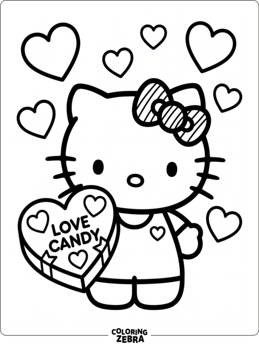 Smiling kitten with a bow, hearts, and candy box