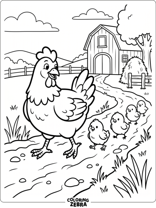 A mother hen leading her chicks along a path