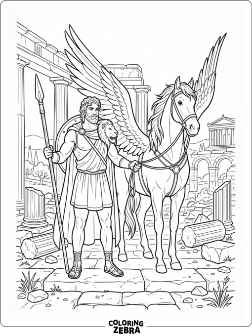 Hercules standing beside Pegasus in ancient ruins