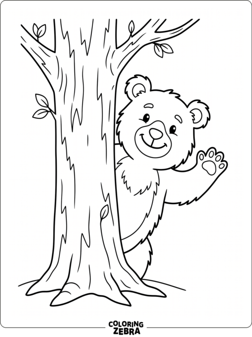 A friendly bear peeks from behind a tree