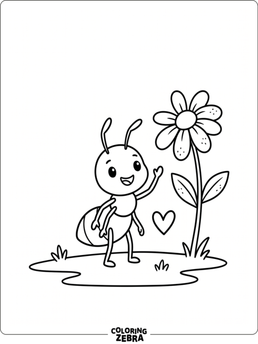 A tiny ant waving beside a flower