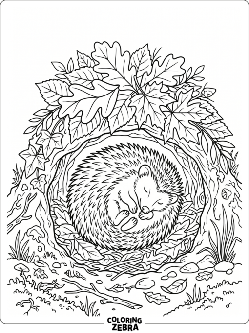 A curled hedgehog in a leafy burrow