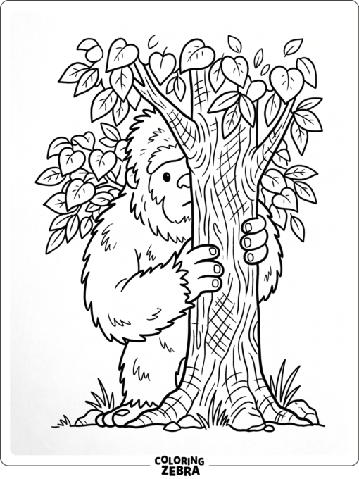 A sasquatch hides behind a tree trunk with leaves and a simple forest background.