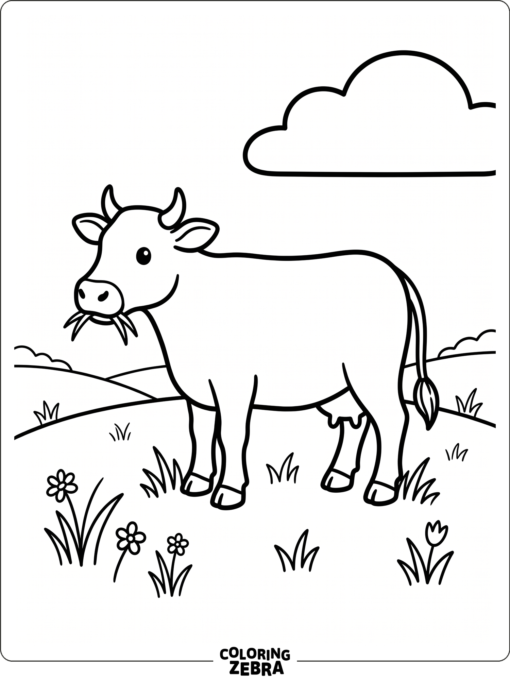 A simple cow outline stands in pasture grass with one cloud overhead.