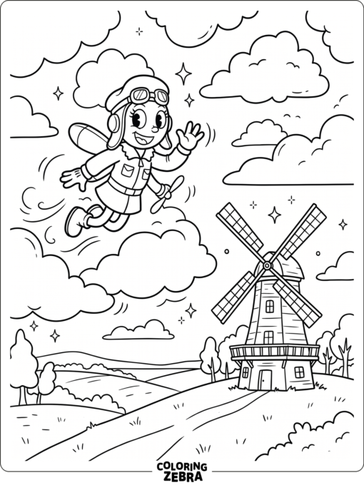 Hilda Berg floating among clouds in a simple scene