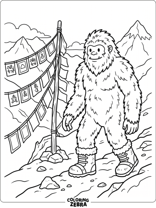 A Himalayan yeti standing near prayer flags
