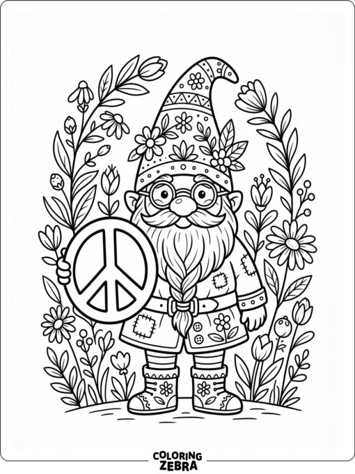 A hippie gnome with flowers and a peace sign