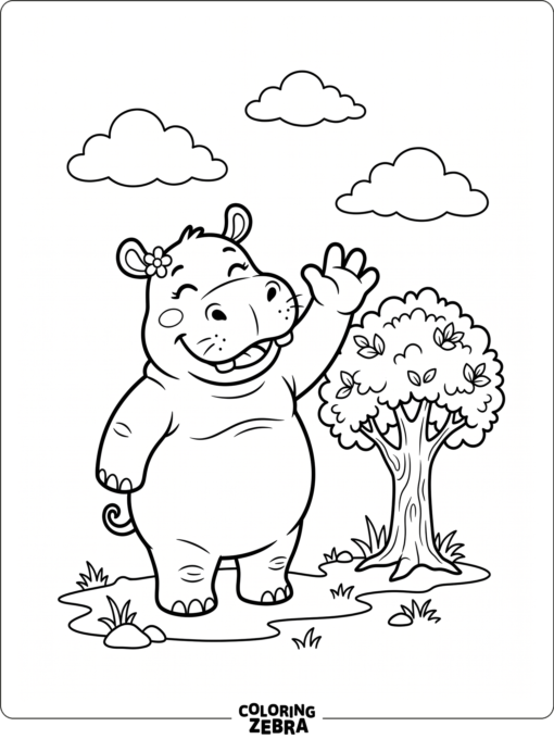 A happy hippo waving near a small tree