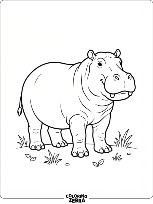 A hippo standing with grass tufts and open space