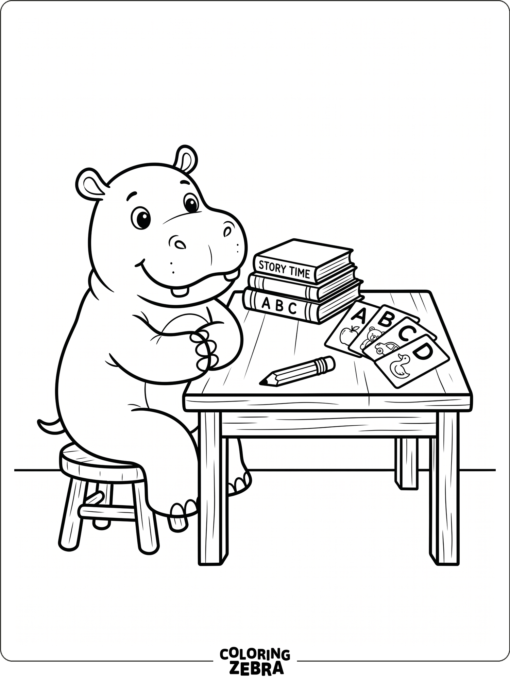 A hippo with books, pencil, and alphabet cards
