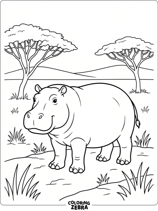 A hippo in the African savanna with acacia trees