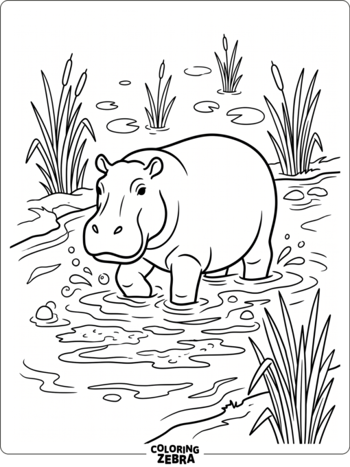A hippo stands in a muddy river with reeds and soft ripples